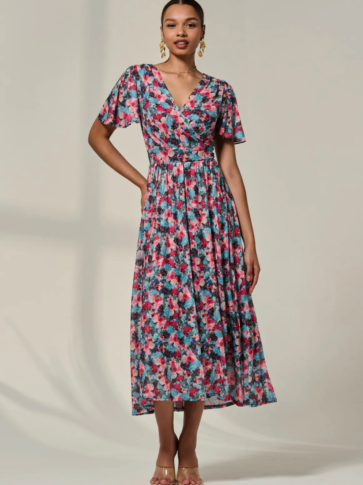 Wrap Front Mesh Maxi Dress, Teal Multi