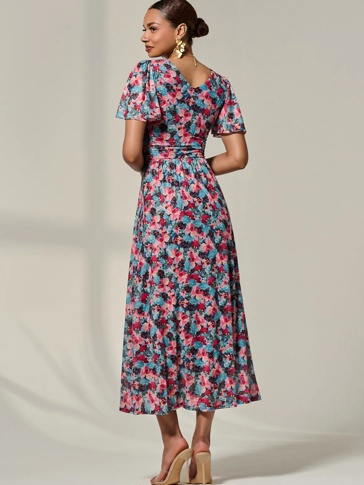 Wrap Front Mesh Maxi Dress, Teal Multi