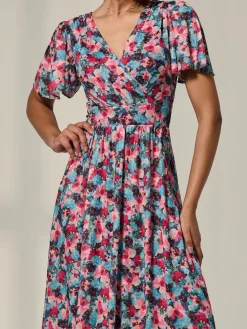 Wrap Front Mesh Maxi Dress, Teal Multi