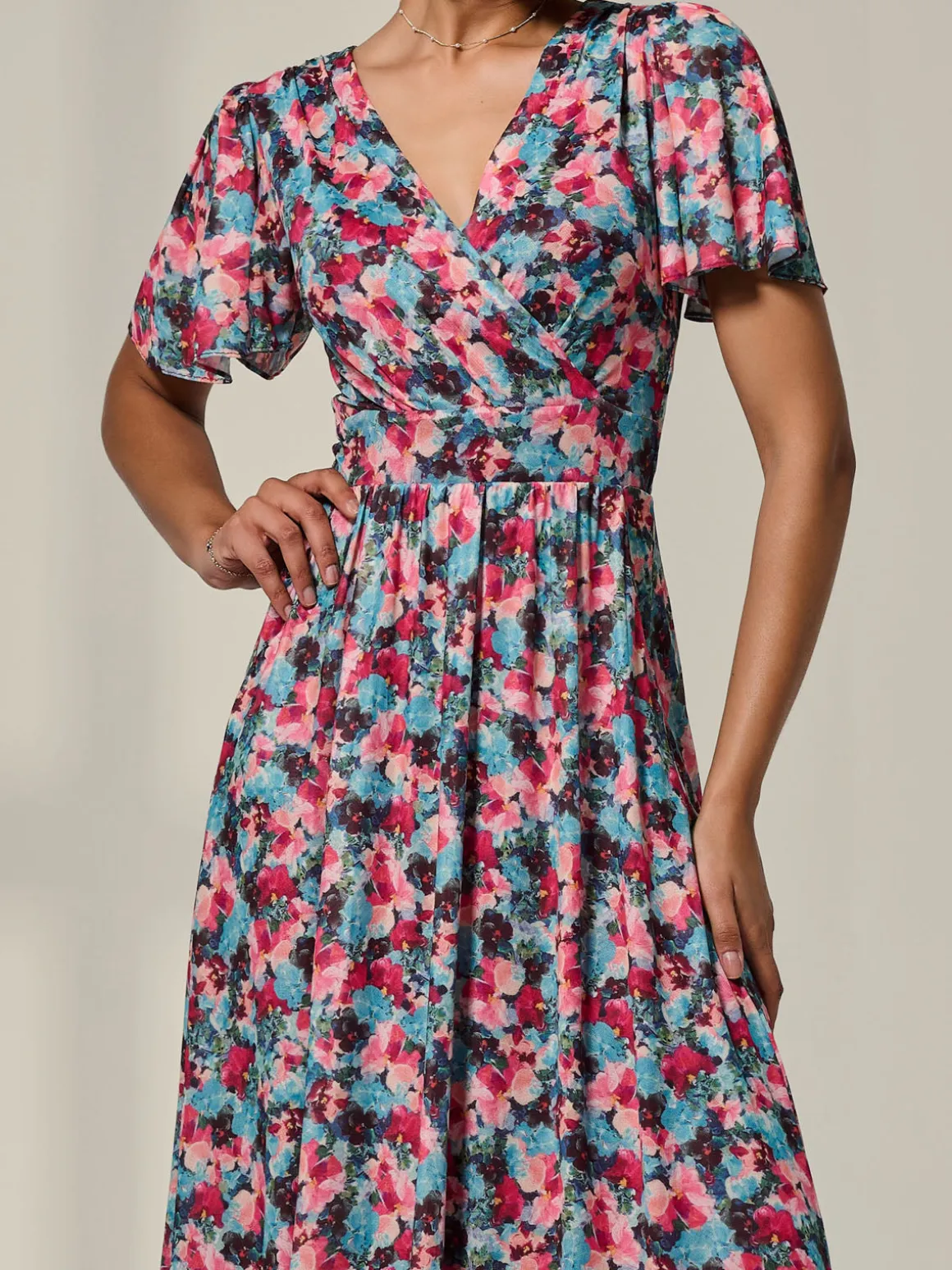 Wrap Front Mesh Maxi Dress, Teal Multi
