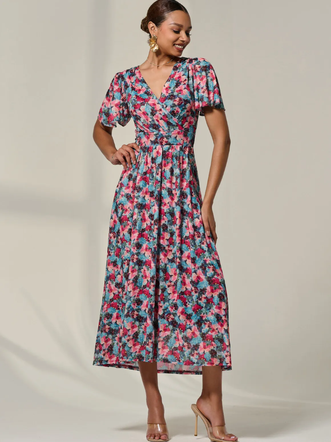 Wrap Front Mesh Maxi Dress, Teal Multi