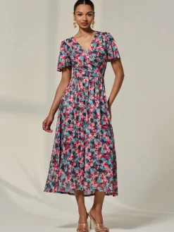 Wrap Front Mesh Maxi Dress, Teal Multi