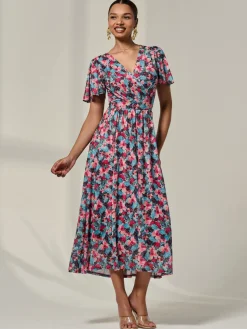 Wrap Front Mesh Maxi Dress, Teal Multi