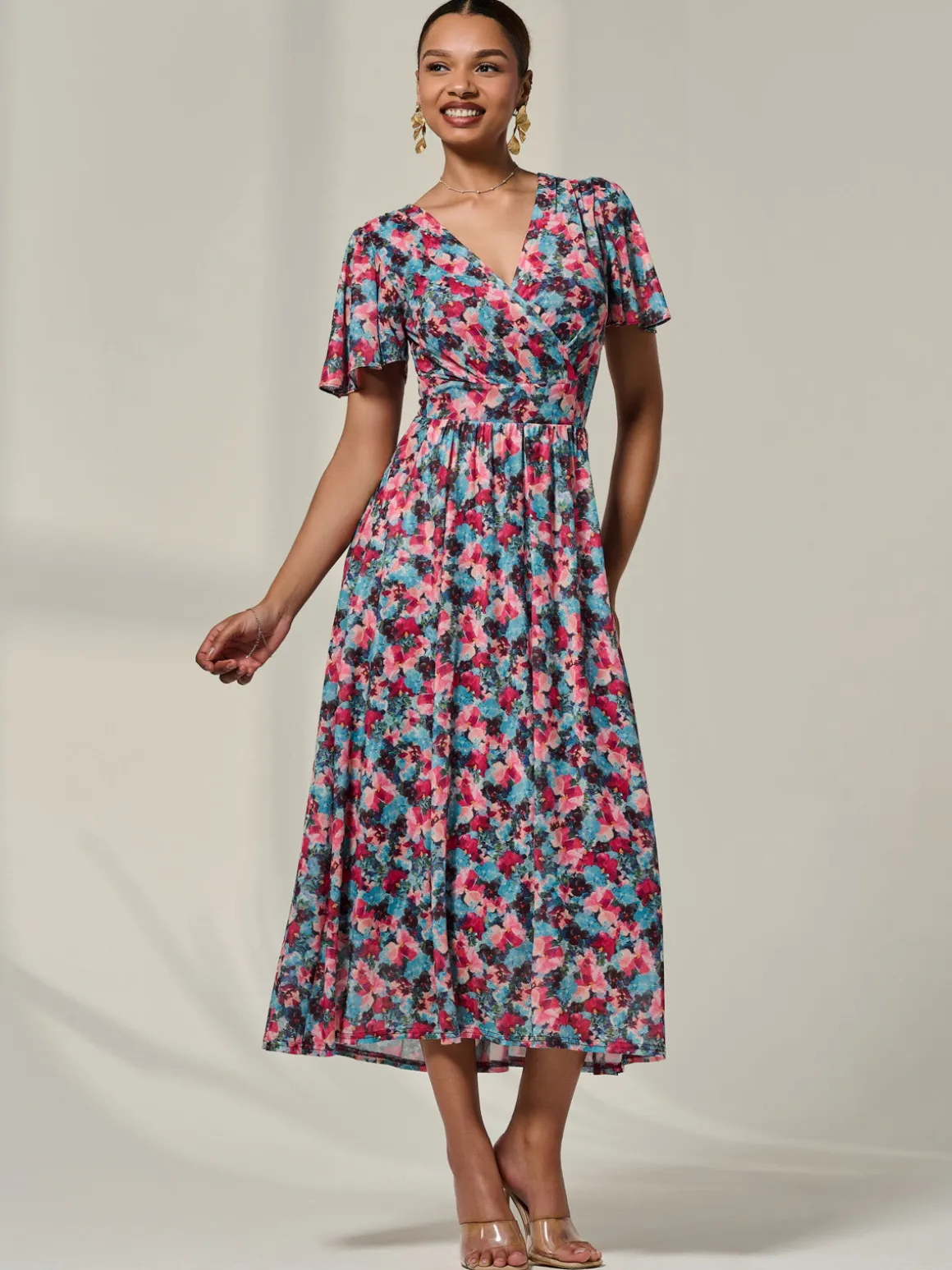 Wrap Front Mesh Maxi Dress, Teal Multi