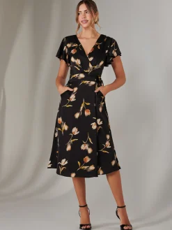Wrap Front Midi Dress, Black Floral