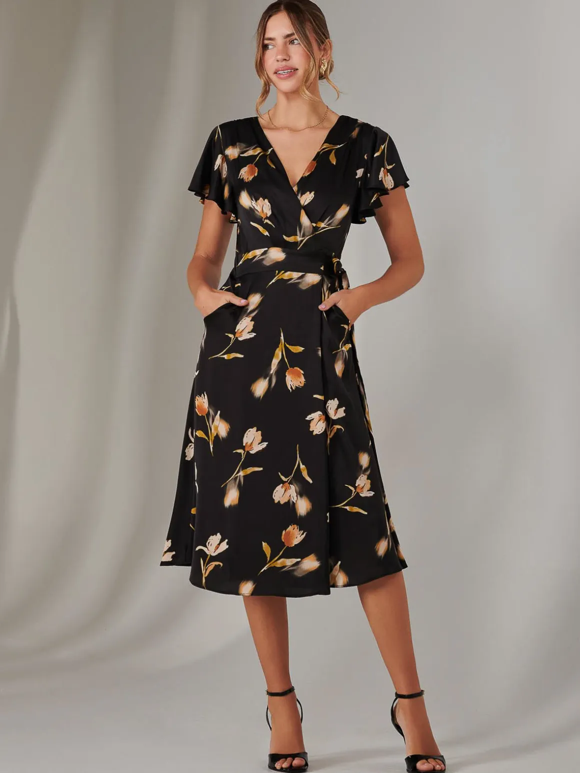 Wrap Front Midi Dress, Black Floral