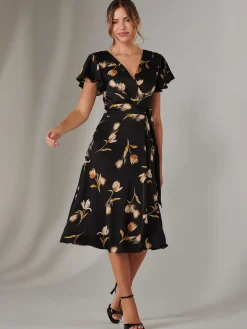 Wrap Front Midi Dress, Black Floral