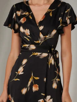 Wrap Front Midi Dress, Black Floral