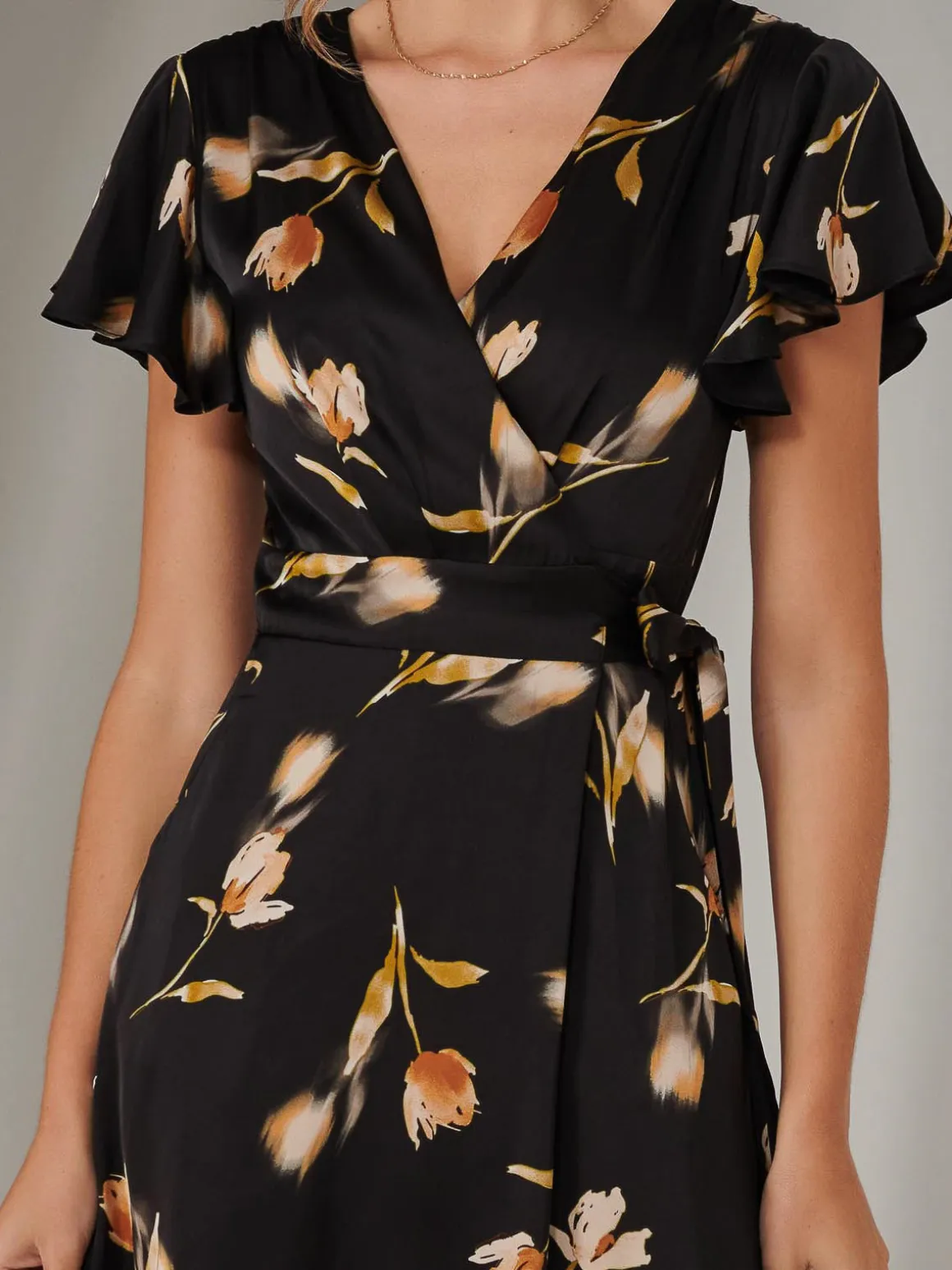 Wrap Front Midi Dress, Black Floral