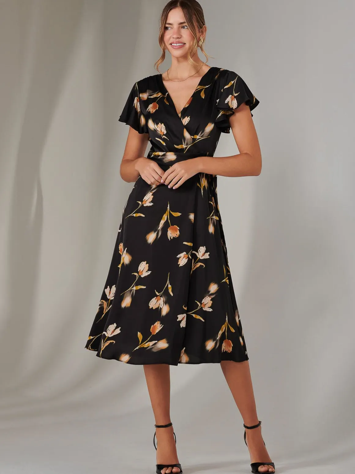 Wrap Front Midi Dress, Black Floral
