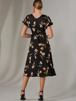 Wrap Front Midi Dress, Black Floral