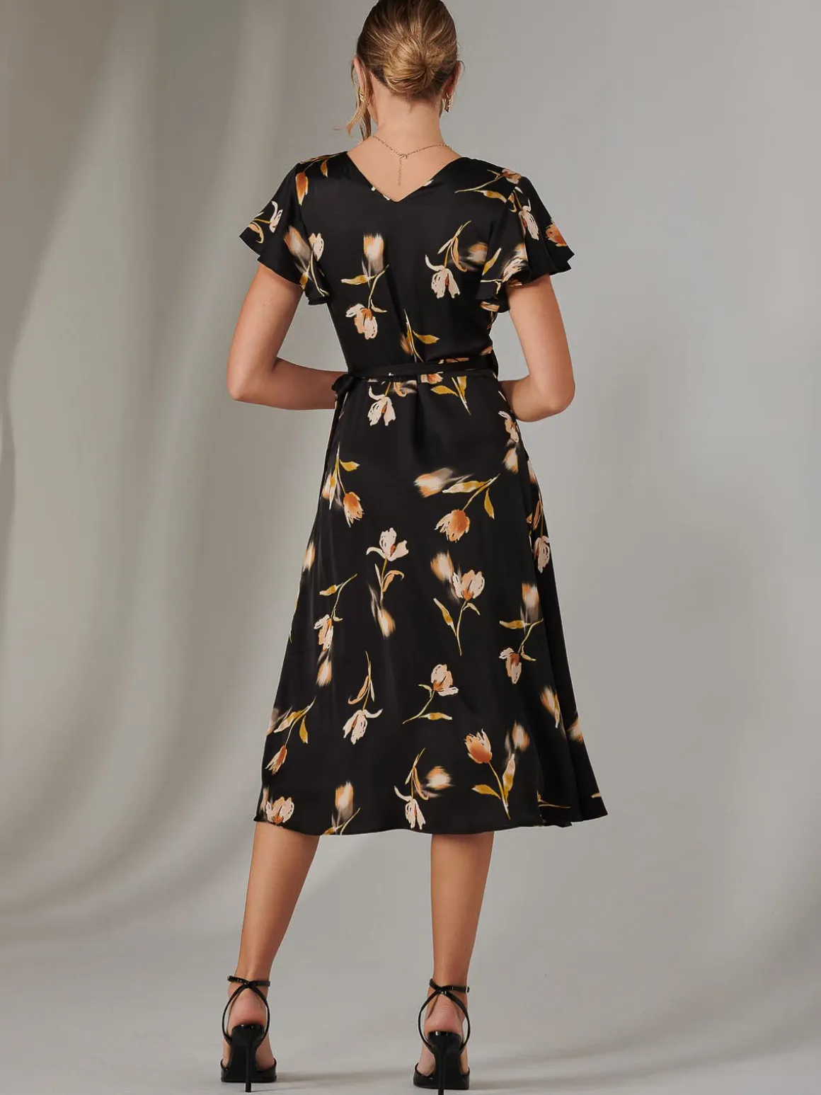Wrap Front Midi Dress, Black Floral