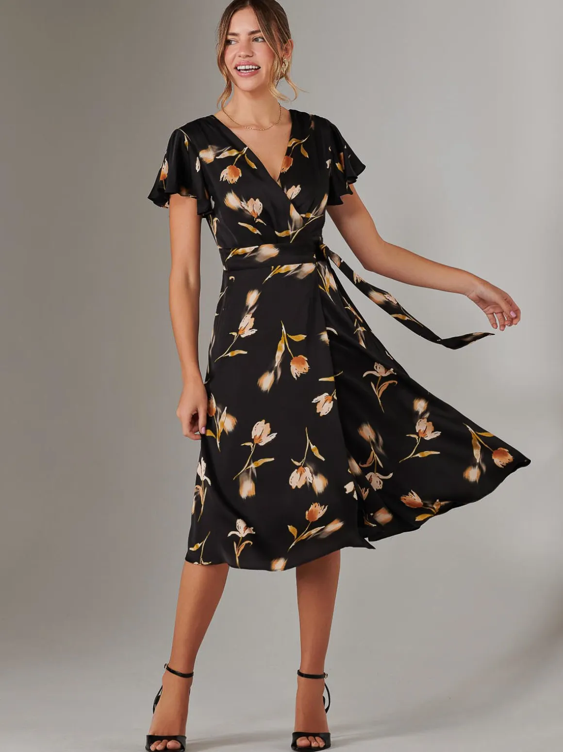 Wrap Front Midi Dress, Black Floral