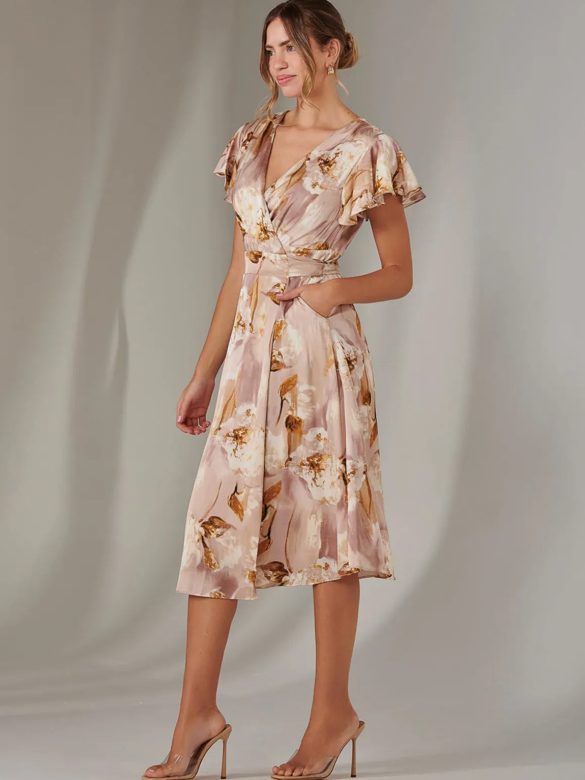 Wrap Front Midi Dress, Dusty Pink