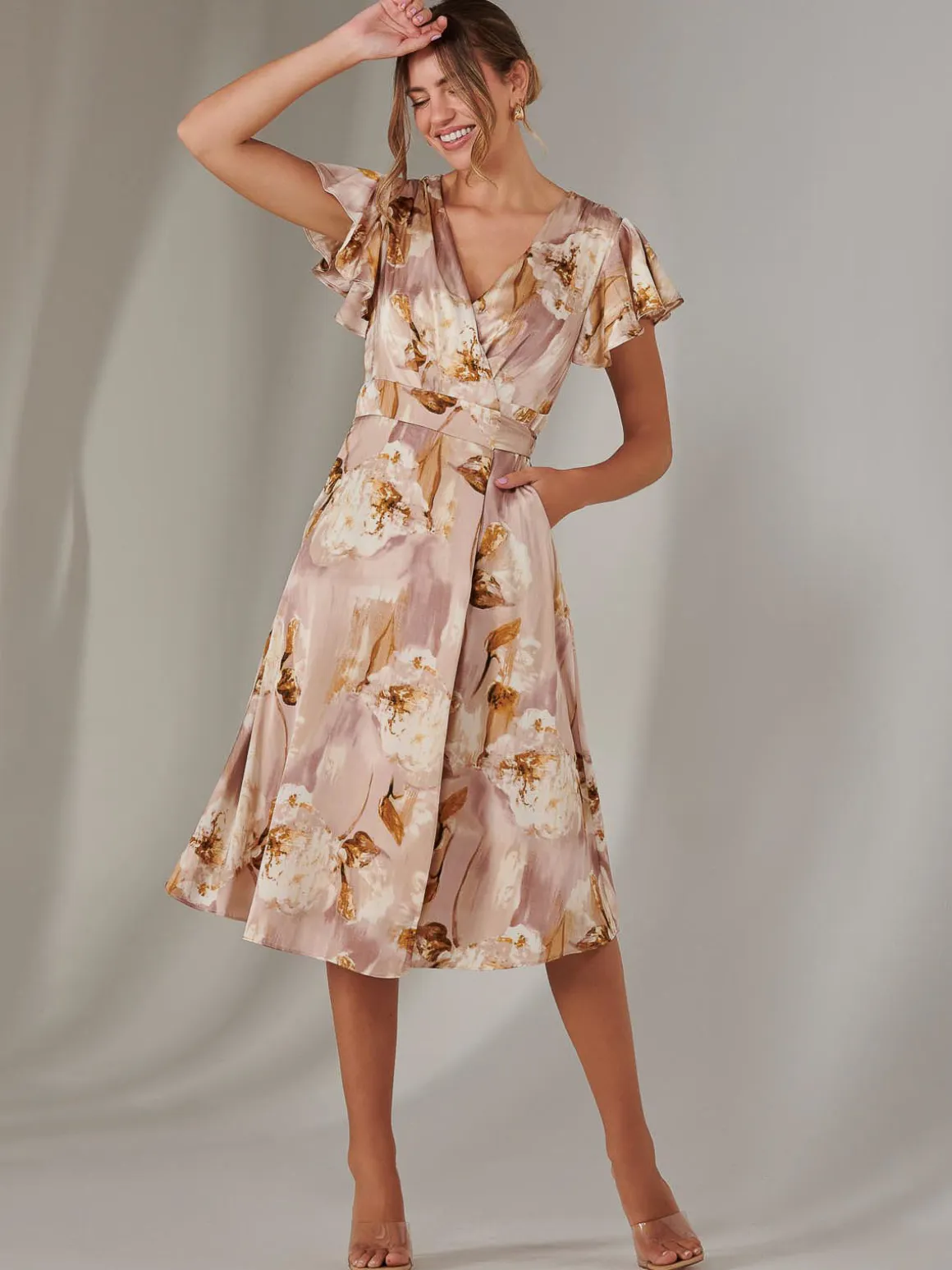 Wrap Front Midi Dress, Dusty Pink