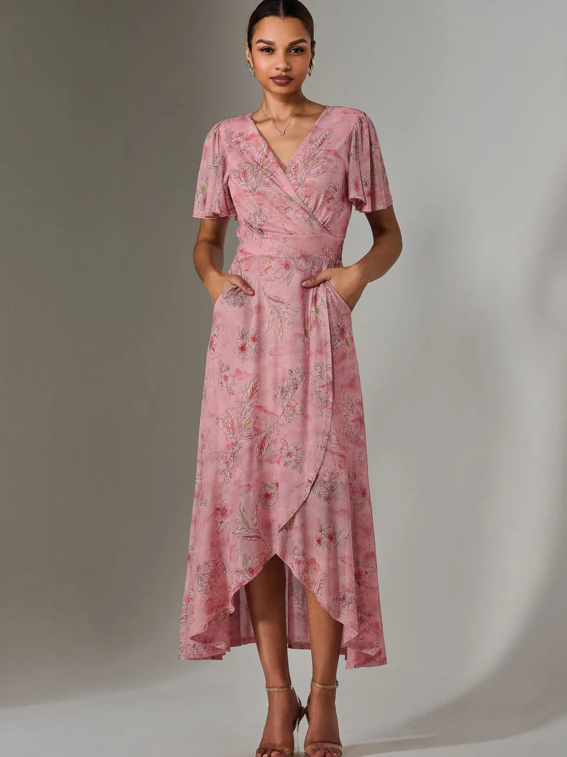 Wrap Midaxi Dress, Pink Floral