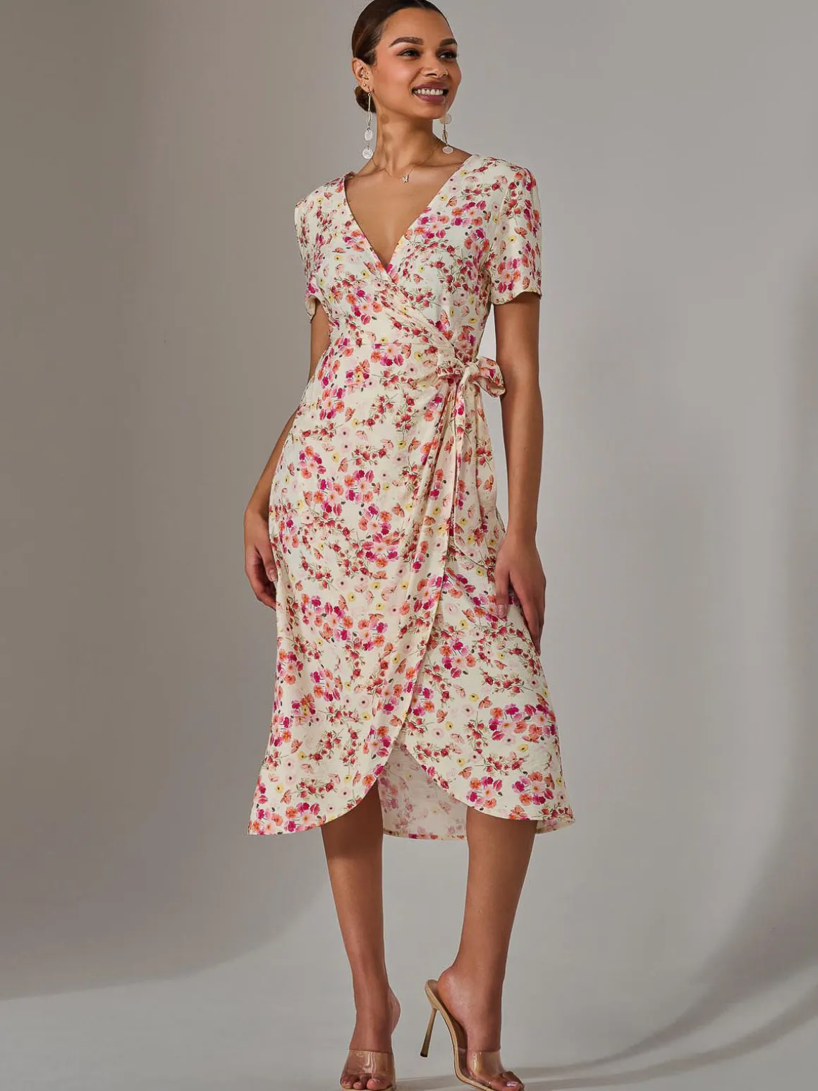 Wrap Midi Dress, Pink Floral