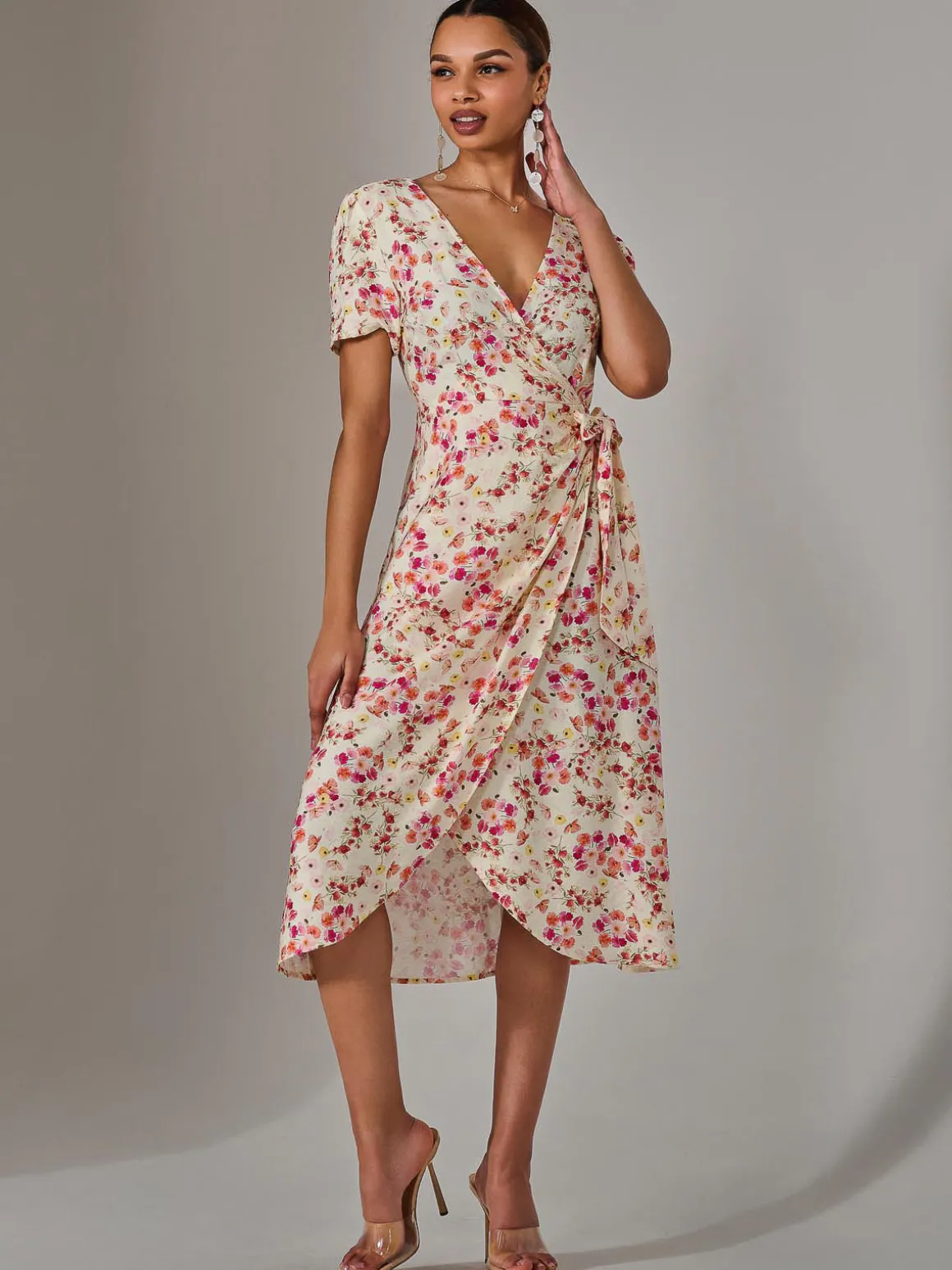 Wrap Midi Dress, Pink Floral