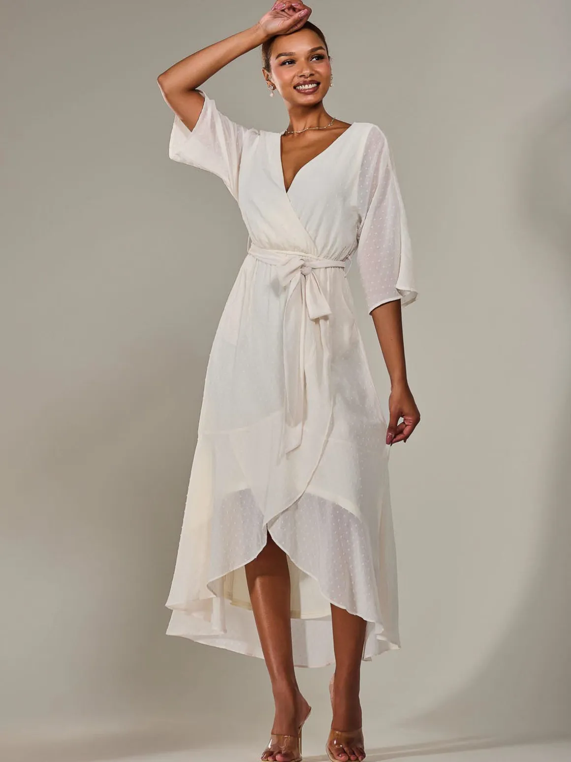 Wrap Tie Front Midi Dress, Cream