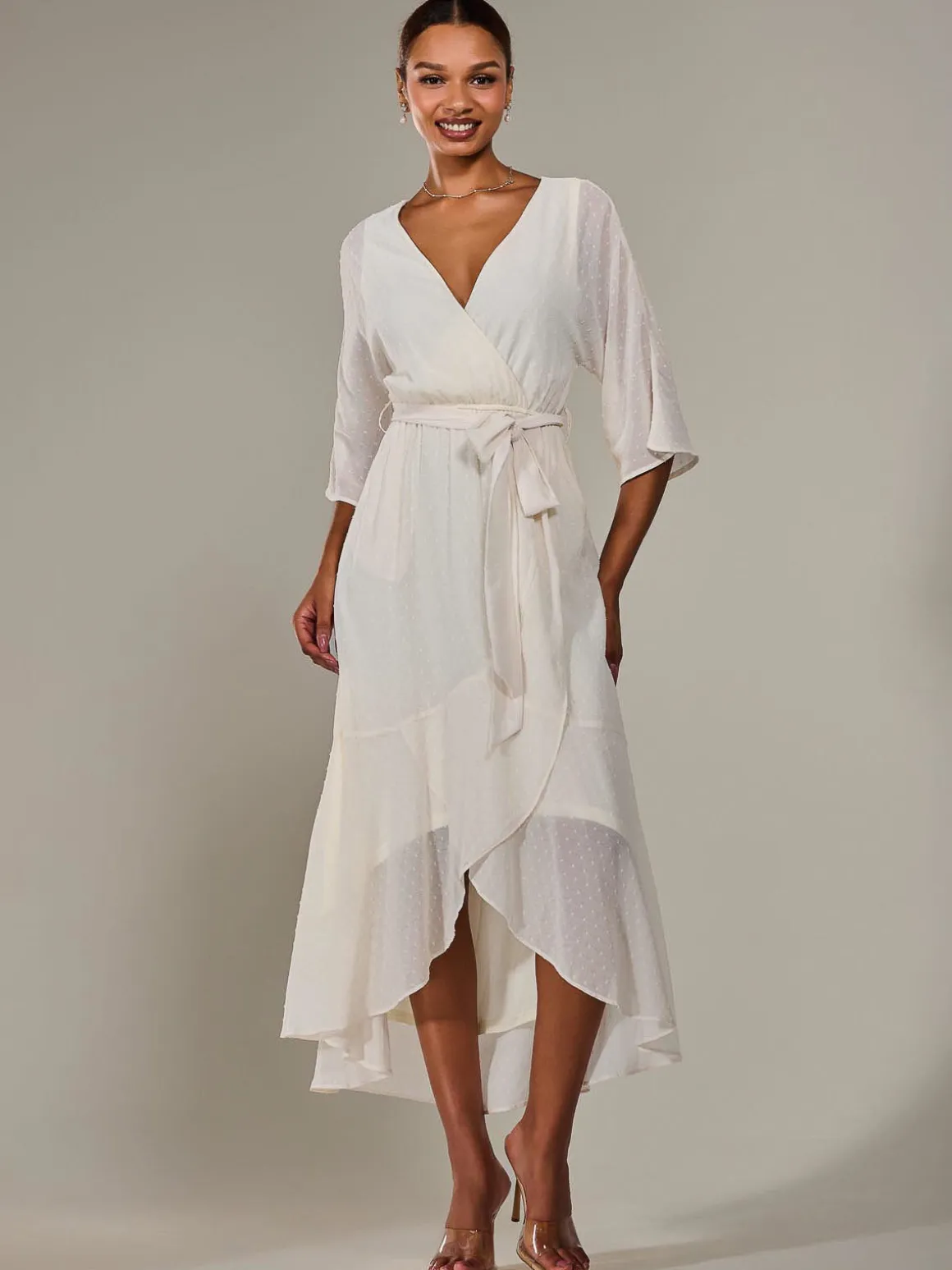 Wrap Tie Front Midi Dress, Cream