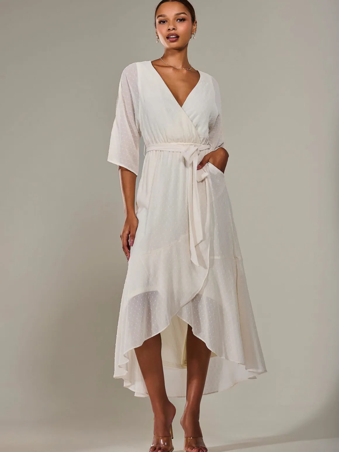 Wrap Tie Front Midi Dress, Cream