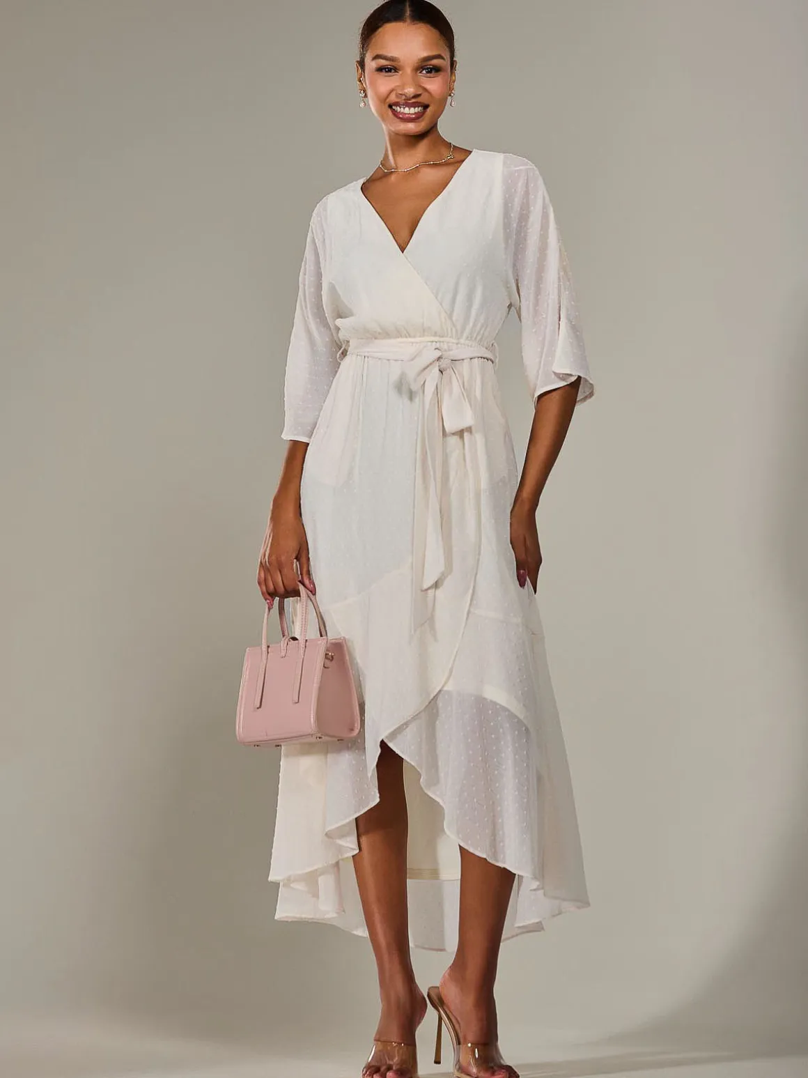 Wrap Tie Front Midi Dress, Cream