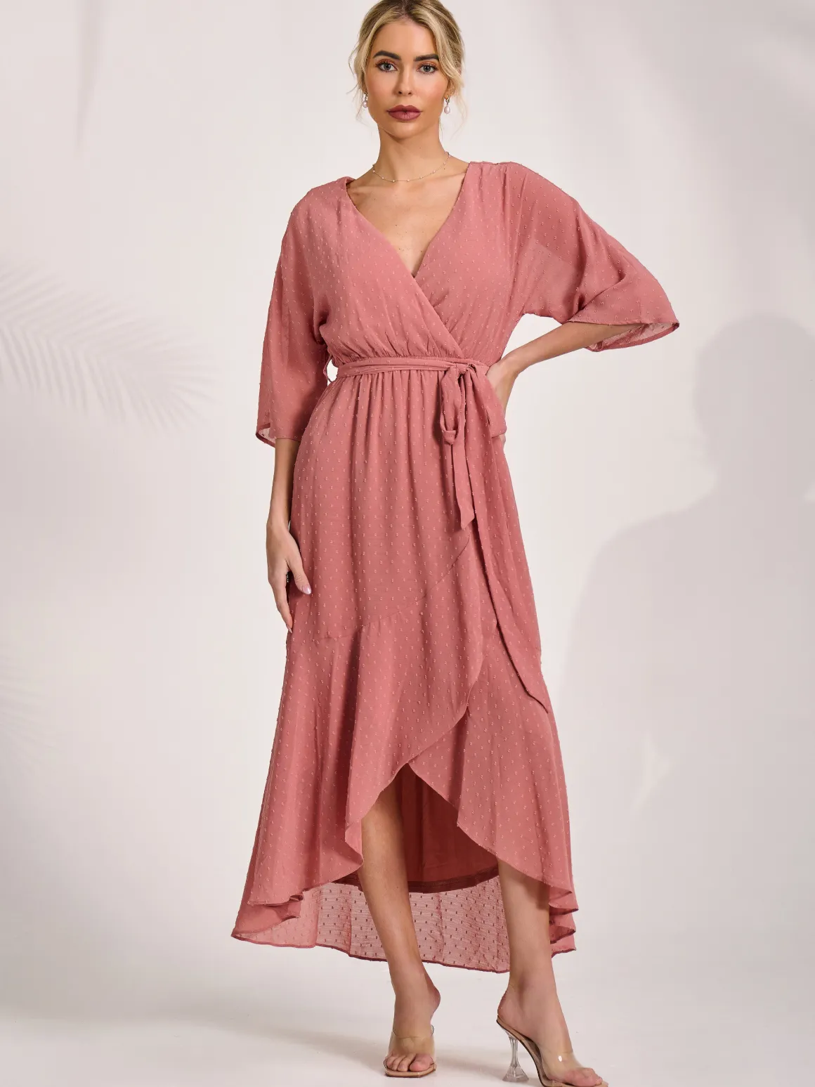 Wrap Tie Front Midi Dress, Dusty Pink