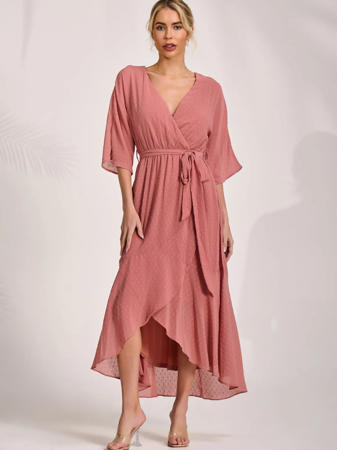 Wrap Tie Front Midi Dress, Dusty Pink