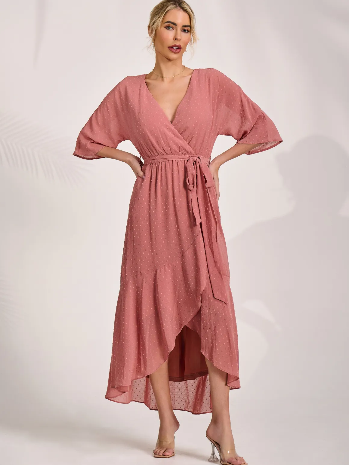 Wrap Tie Front Midi Dress, Dusty Pink