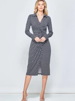 Wrap Twist Detail Midi Shirt Dress, Black Pattern
