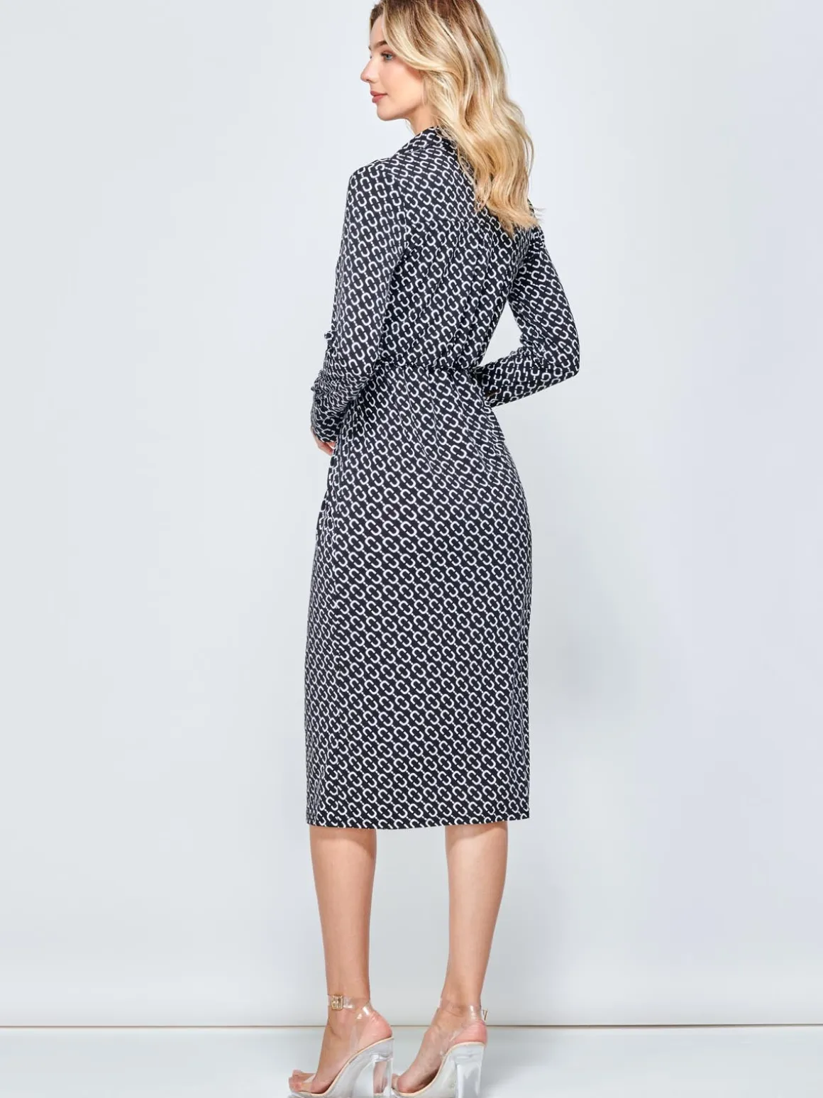 Wrap Twist Detail Midi Shirt Dress, Black Pattern