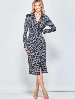 Wrap Twist Detail Midi Shirt Dress, Black Pattern