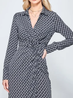 Wrap Twist Detail Midi Shirt Dress, Black Pattern
