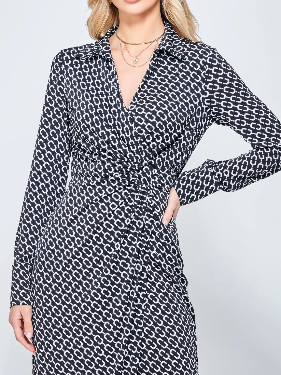 Wrap Twist Detail Midi Shirt Dress, Black Pattern