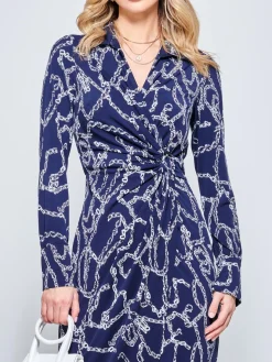 Wrap Twist Detail Midi Shirt Dress, Navy Pattern