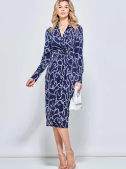 Wrap Twist Detail Midi Shirt Dress, Navy Pattern