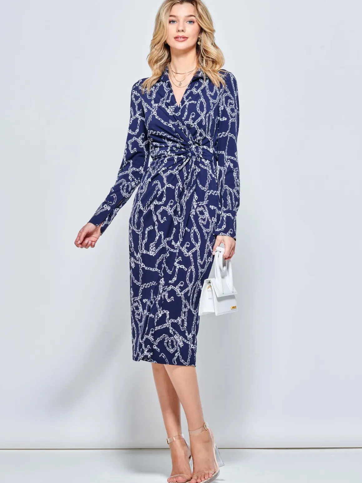 Wrap Twist Detail Midi Shirt Dress, Navy Pattern