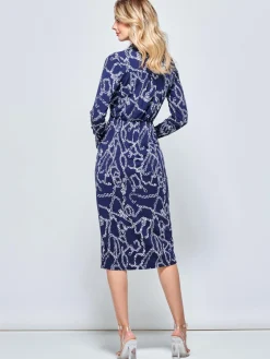 Wrap Twist Detail Midi Shirt Dress, Navy Pattern