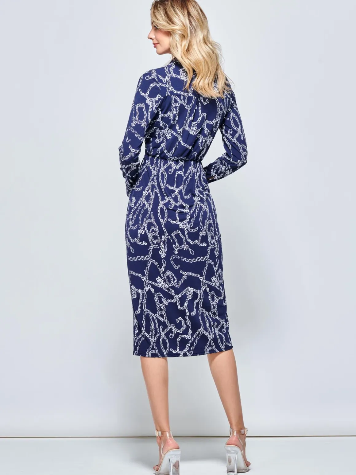 Wrap Twist Detail Midi Shirt Dress, Navy Pattern
