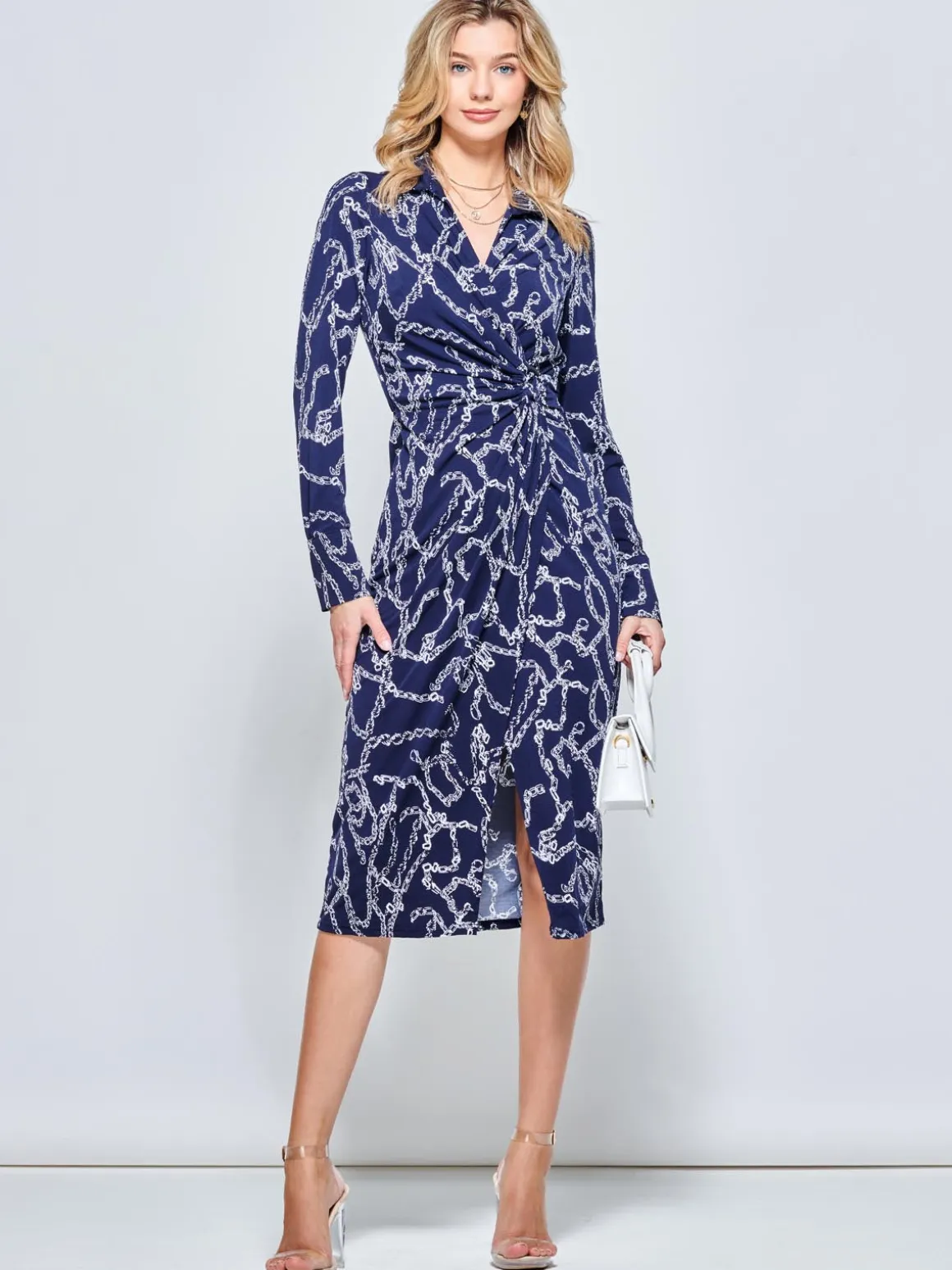 Wrap Twist Detail Midi Shirt Dress, Navy Pattern