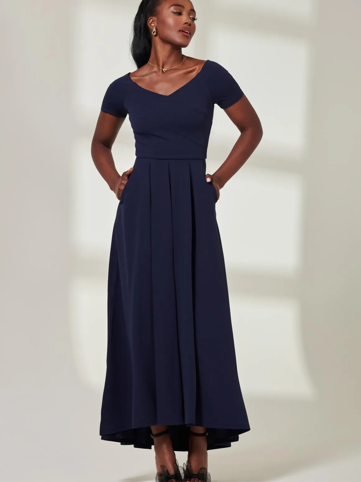 Yana Off Shoulder Scuba Maxi Dress, Navy