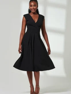 Yuina Scuba Pleated Flare Midi Dress, Black