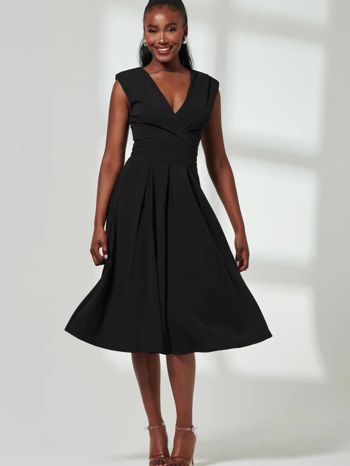 Yuina Scuba Pleated Flare Midi Dress, Black