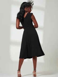Yuina Scuba Pleated Flare Midi Dress, Black