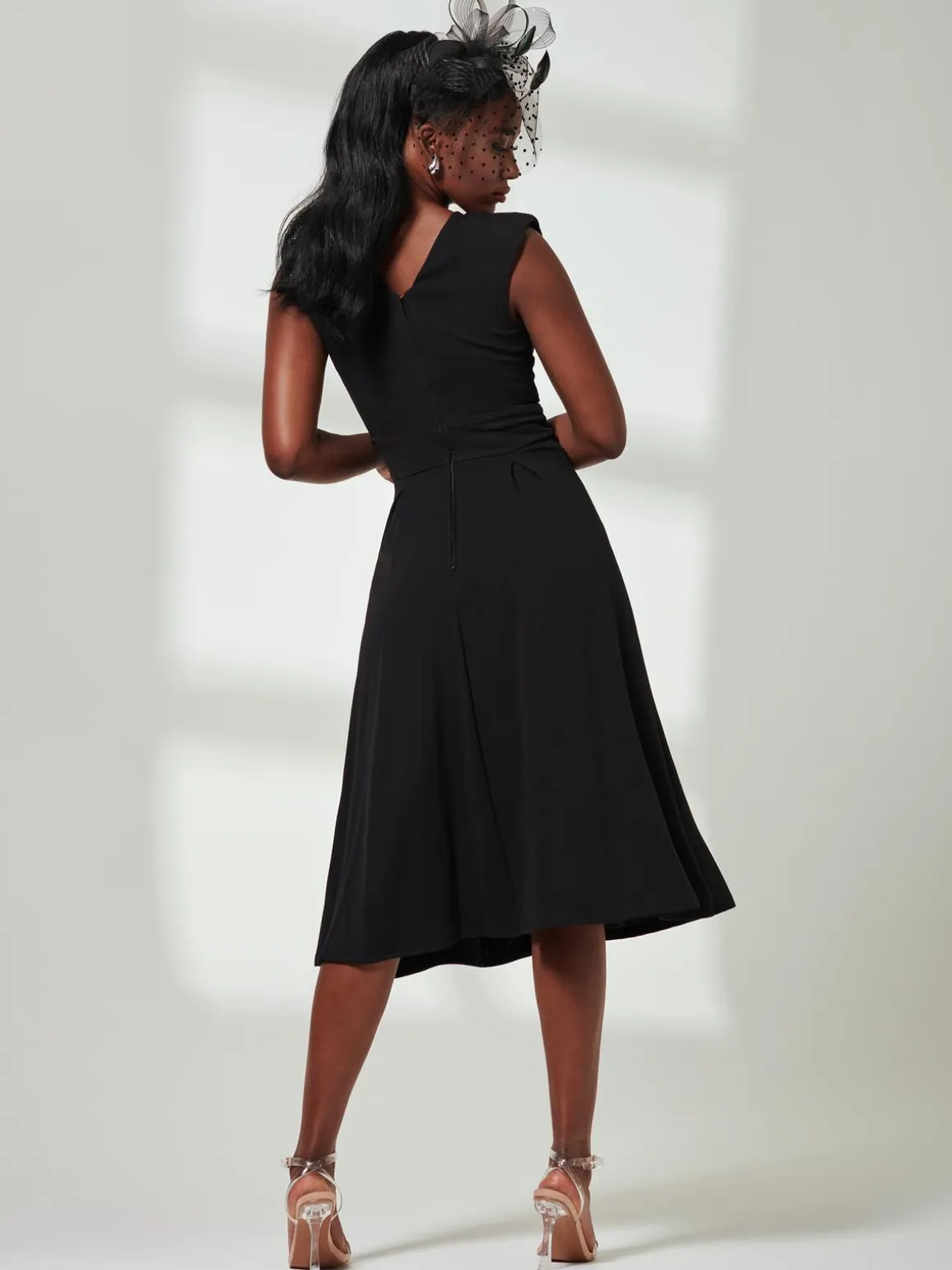Yuina Scuba Pleated Flare Midi Dress, Black