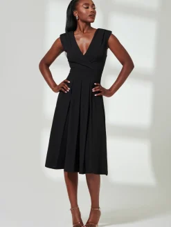 Yuina Scuba Pleated Flare Midi Dress, Black