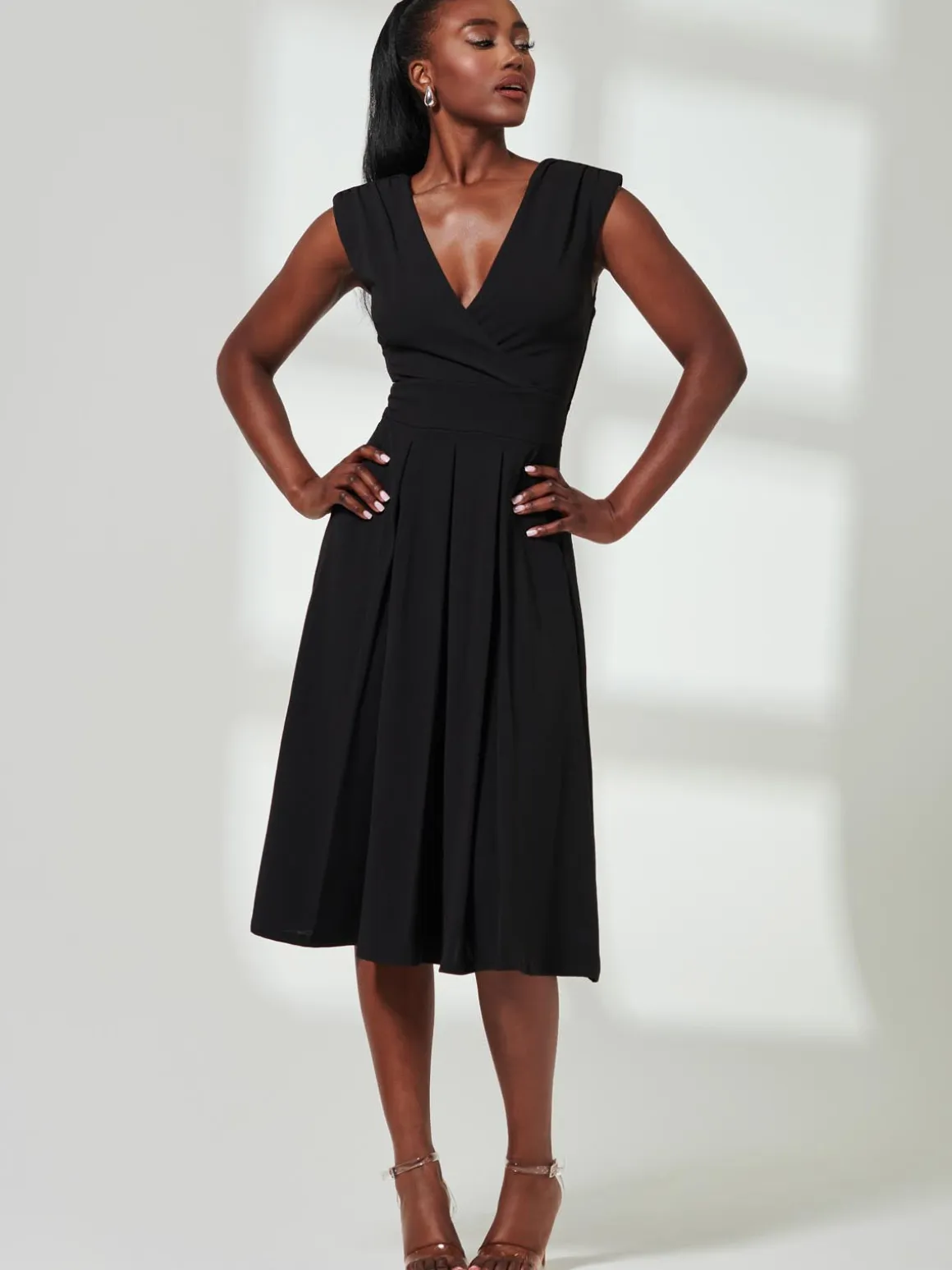 Yuina Scuba Pleated Flare Midi Dress, Black