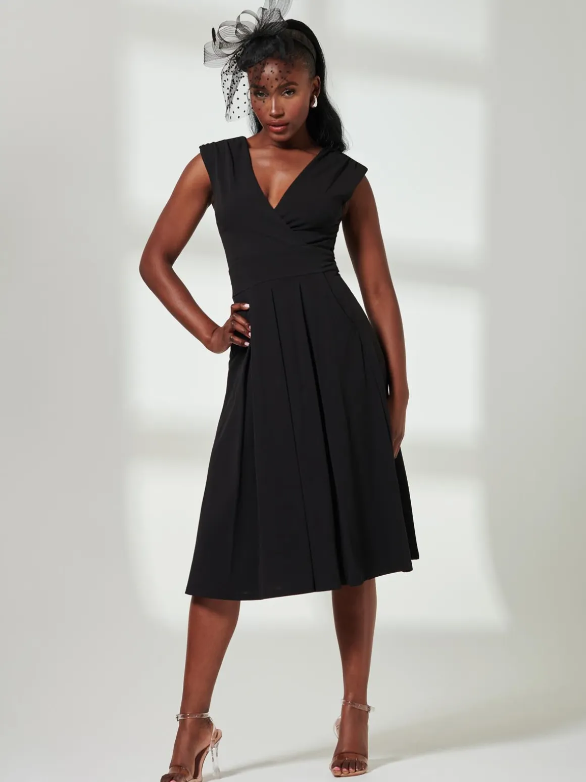 Yuina Scuba Pleated Flare Midi Dress, Black