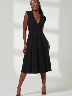 Yuina Scuba Pleated Flare Midi Dress, Black