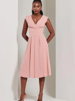 Yuina Scuba Pleated Flare Midi Dress, Pink